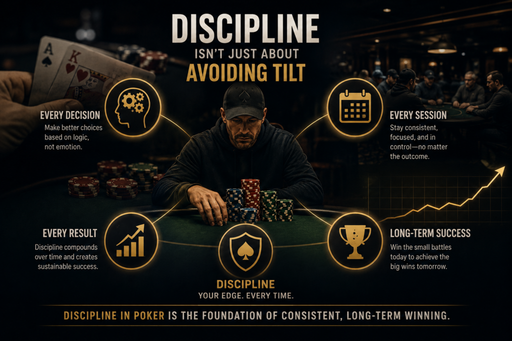 Discipline In Poker illustration showing how disciplined decision making influences every choice, every session, and every long-term result, emphasizing focus, emotional control, consistency, and sustained poker success.