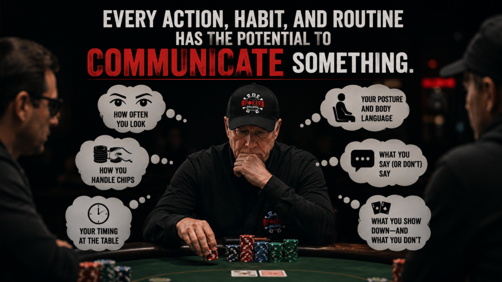 Standardization in poker illustration showing a player at a poker table surrounded by examples of behavioral consistency, including chip handling, timing, body language, table talk, and showdown habits. The image demonstrates how every action, habit, and routine has the potential to communicate information to opponents and why standardization helps reduce poker tells and improve decision-making.