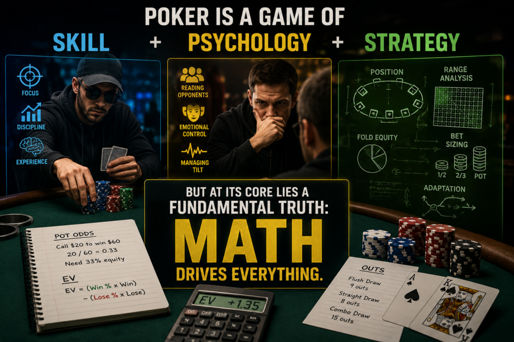 Poker math forms the foundation of winning poker strategy by combining pot odds, expected value, outs, equity calculations, psychology, and decision-making to improve execution and long-term results at the table.