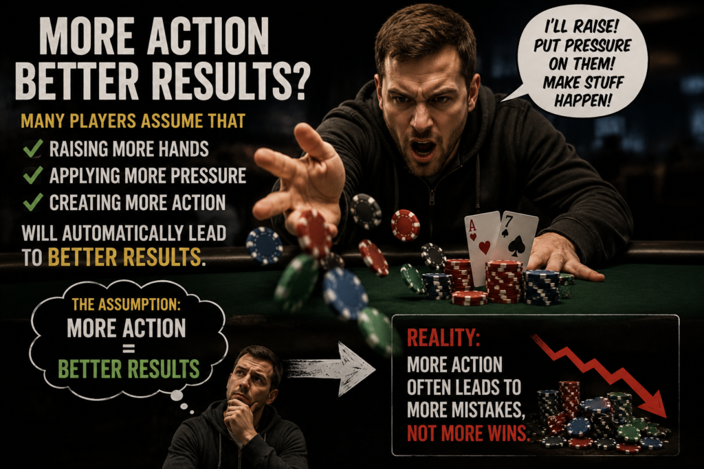 Poker strategy illustration depicting The Myth of Constant Aggression. An aggressive poker player throws chips into the pot while visual elements show the common belief that raising more hands, applying more pressure, and creating more action automatically lead to better results. The image contrasts this assumption with the reality that constant aggression often creates more mistakes and fewer long-term profits.