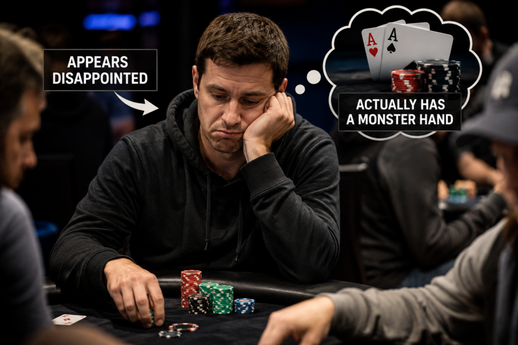 Looking Disappointed at a poker table while holding a strong hand, illustrating a common poker tell where a player appears unhappy but is actually confident and waiting for action.