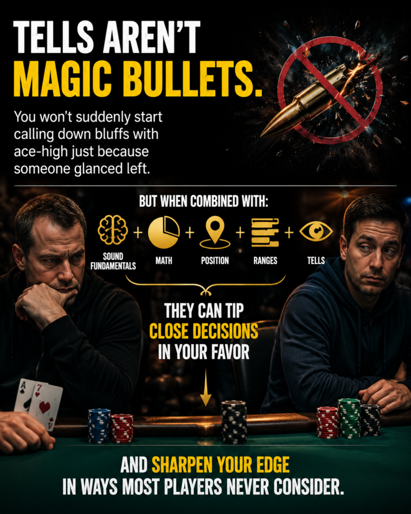 Reading Tells In Poker by combining body language with sound fundamentals, poker math, position, hand ranges, and behavioral tells to make better decisions and gain a long-term edge at the poker table.