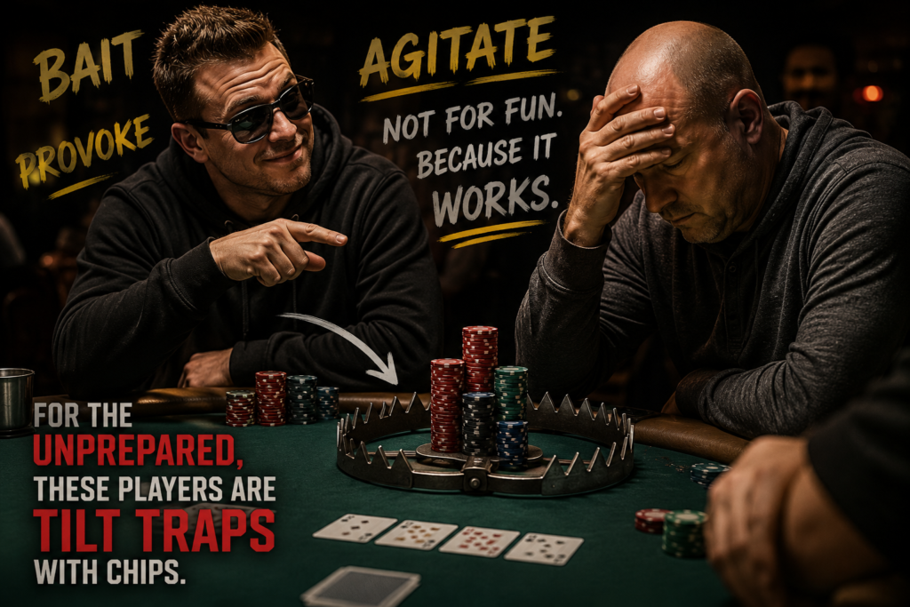 Obnoxious poker players use baiting, provoking, and agitation to push opponents off their game, creating emotional tilt traps that lead to costly poker mistakes and poor decision-making at the table.