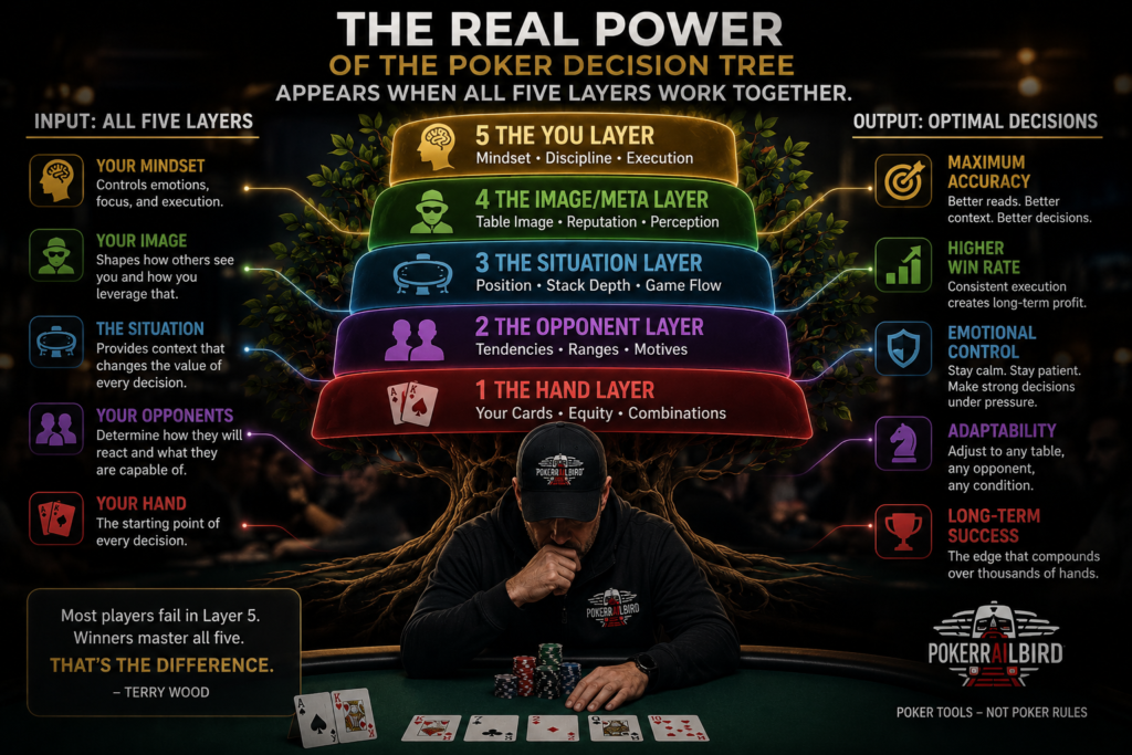 Poker execution explained through the five layers of the Poker Decision Tree, showing how hand strength, opponents, situation, table image, and self-discipline combine to create optimal poker decisions and long-term winning results.