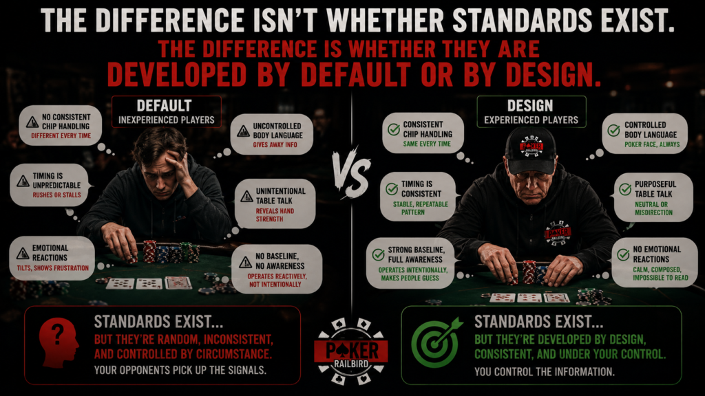 Standardization in Poker illustration showing how players reveal information through repetitive behaviors such as looking at hole cards, handling chips, placing bets, observing opponents, and reacting to large pots. The image demonstrates how consistent routines reduce information leakage and make players more difficult to read at the poker table.