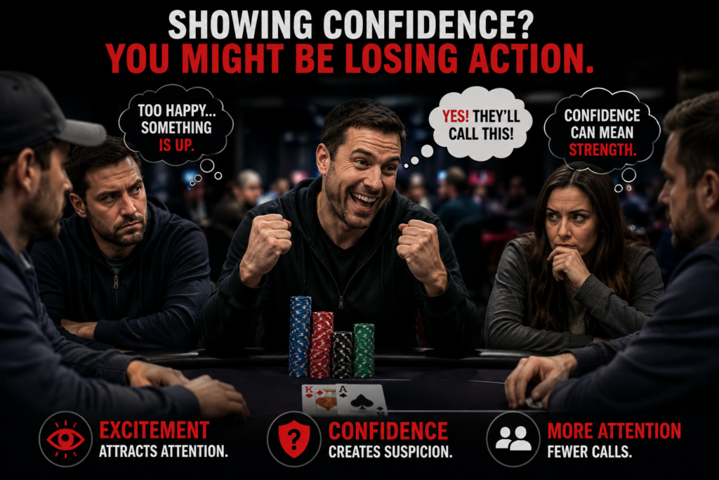 Looking Disappointed versus looking confident at a poker table, illustrating how excitement and confidence can attract attention, create suspicion, and reduce action from opponents.