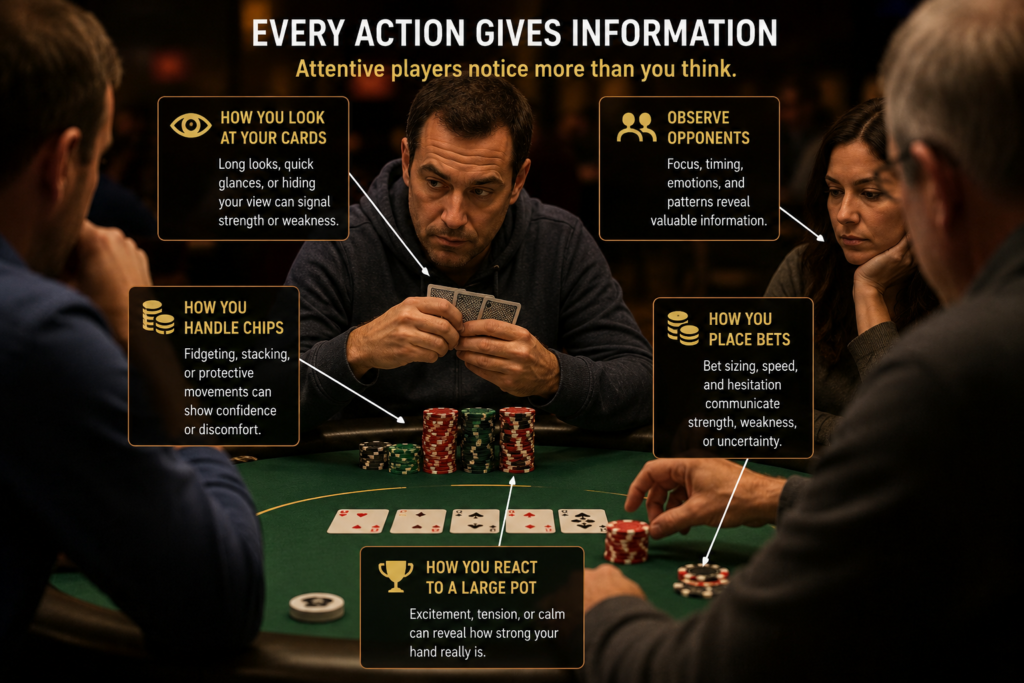 Standardization in Poker illustration showing how players reveal information through repetitive behaviors such as looking at hole cards, handling chips, placing bets, observing opponents, and reacting to large pots. The image demonstrates how consistent routines reduce information leakage and make players more difficult to read at the poker table.Standardization in Poker illustration showing how players reveal information through repetitive behaviors such as looking at hole cards, handling chips, placing bets, observing opponents, and reacting to large pots. The image demonstrates how consistent routines reduce information leakage and make players more difficult to read at the poker table.