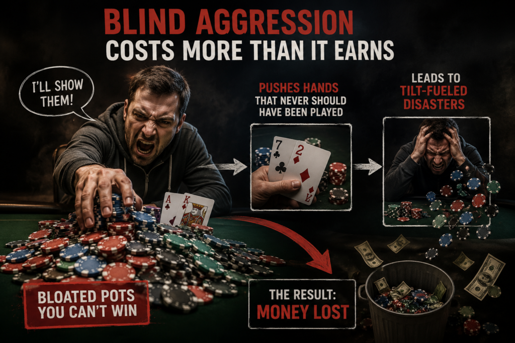 Illustration showing how blind aggression in poker can lead to bloated pots, marginal hand selection, emotional decision-making, and costly tilt. A frustrated poker player aggressively pushes chips into the pot while a visual sequence demonstrates how excessive aggression in poker often creates large losses rather than long-term profits.