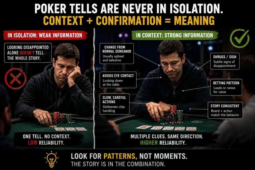 Looking Disappointed at a poker table while multiple supporting behaviors and betting patterns point in the same direction, illustrating why poker tells should never be interpreted in isolation.