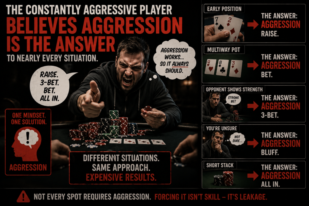llustration depicting The Myth Of Constant Aggression in poker. An overly aggressive player responds to nearly every situation with a raise, bet, bluff, or all-in move, believing aggression is always the correct answer.