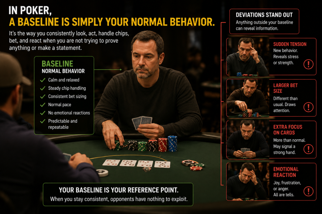 Standardization In Poker illustration showing a player's baseline behavior at the poker table, including consistent card handling, chip management, bet placement, and emotional control. The image demonstrates how deviations from normal behavior can create tells and reveal information to attentive opponents.