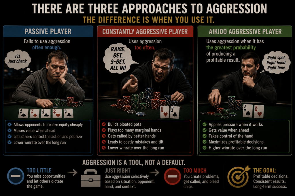 Illustration for The Myth Of Constant Aggression comparing three poker approaches: the passive player who fails to apply pressure often enough, the constantly aggressive player who forces action in nearly every situation, and the Aikido Aggressive player who uses aggression selectively when the probability of producing a profitable result is highest. The image highlights the difference between passive play, excessive aggression, and disciplined aggression based on situation, opponent, and expected value.