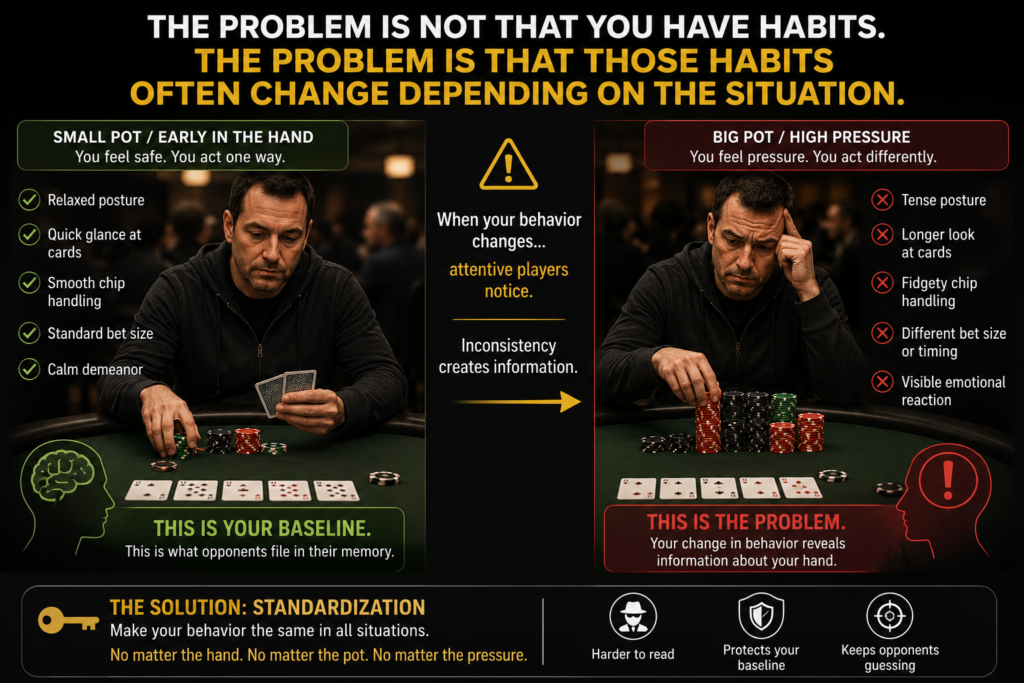 Standardization in Poker infographic showing how a player's normal baseline behavior can change under pressure. The image compares consistent actions in routine situations with altered card handling, chip management, bet sizing, posture, and emotional reactions in large pots, demonstrating how behavioral changes create tells and reveal information to observant opponents.