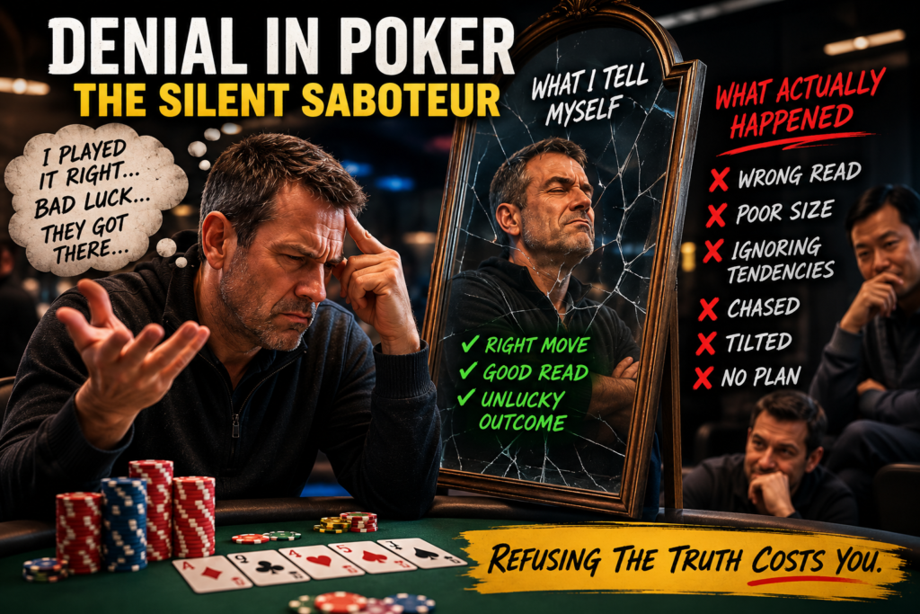 Denial In Poker illustrated by a frustrated poker player refusing to accept mistakes while a mirror reveals the reality of poor decisions, emotional bias, and self-deception at the poker table.