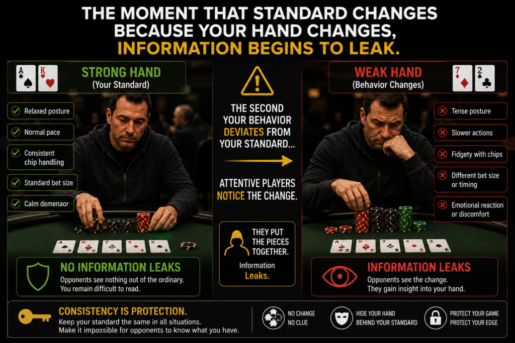 Standardization in Poker infographic showing how information leakage occurs when a player's behavior changes based on hand strength. The image contrasts consistent betting, chip handling, posture, and emotional control with altered behaviors that reveal clues to observant opponents, demonstrating why maintaining a standard is essential for reducing poker tells.