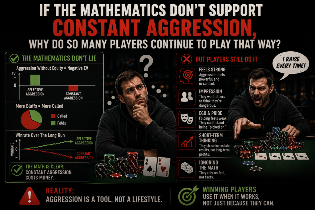 nfographic illustrating The Myth Of Constant Aggression in poker. The image contrasts mathematical reality with player behavior, showing that while the math demonstrates selective aggression produces better long-term results.