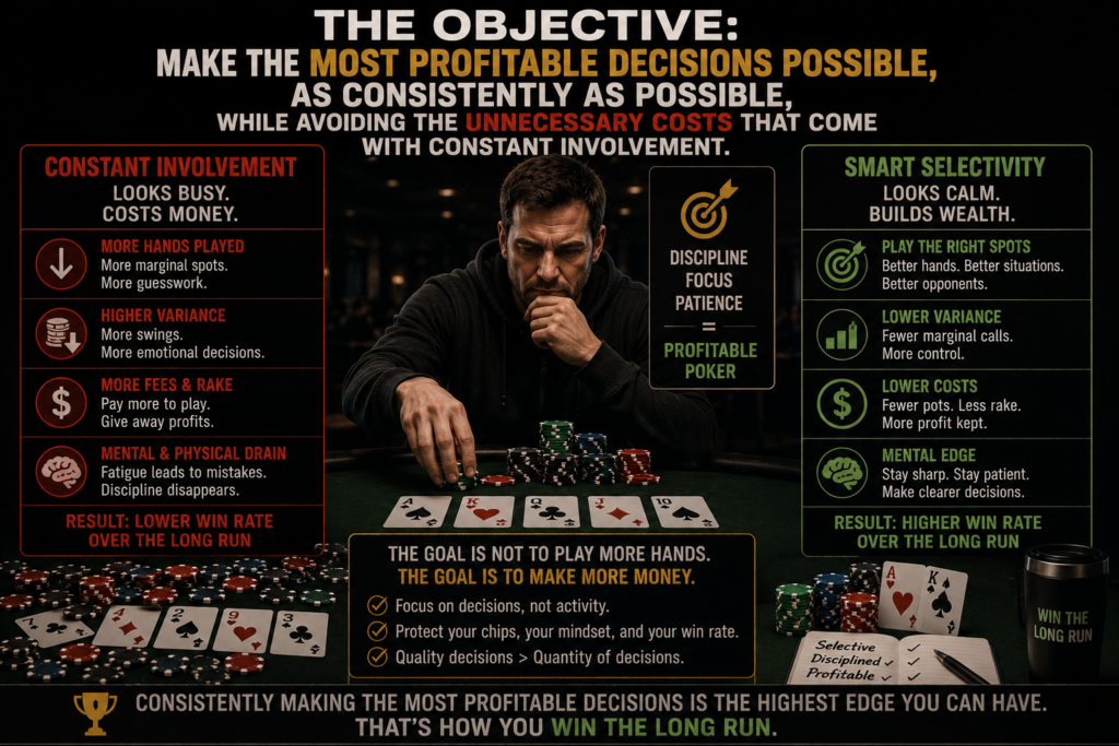 llustration supporting The Myth Of Constant Aggression in poker. The image contrasts constant involvement with disciplined selectivity, showing that the objective is not to play more hands but to make the most profitable decisions possible as consistently as possible.
