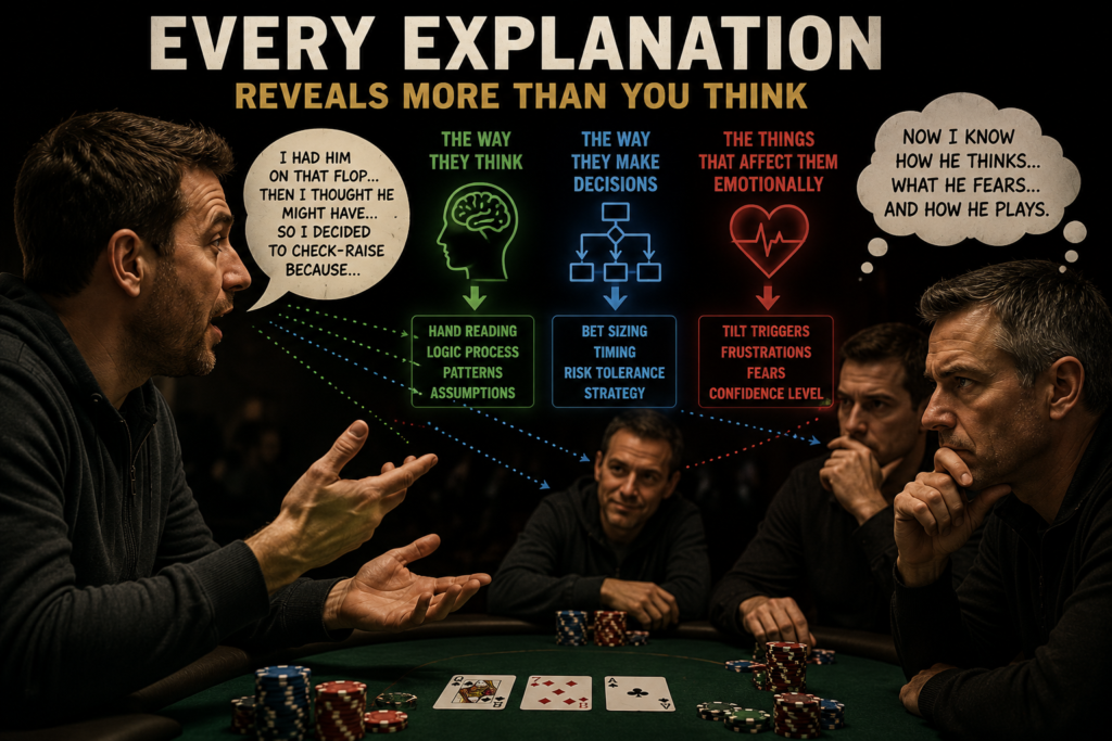 Educating The Opposition poker strategy concept showing a player revealing information through table talk while opponents analyze his thought process, betting logic, decision-making, and emotional reactions.