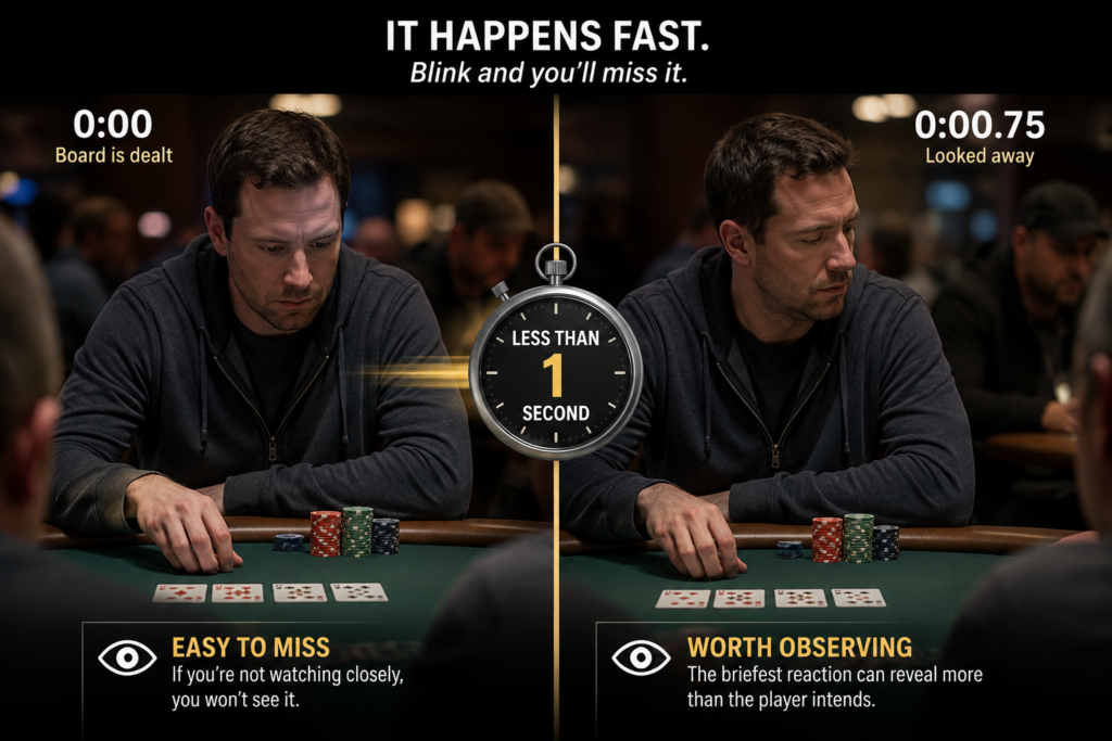 Looking Away From Good Cards illustrated as a live poker player briefly turning away from the board less than a second after the community cards are dealt, demonstrating how this subtle poker tell can be easy to miss.