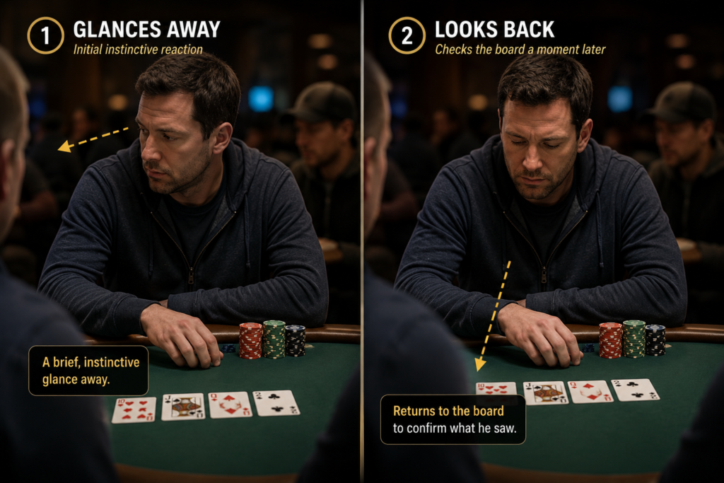 Looking Away From Good Cards illustrated as a live poker player instinctively glancing away from the community cards before briefly looking back to confirm the board after making a strong hand.