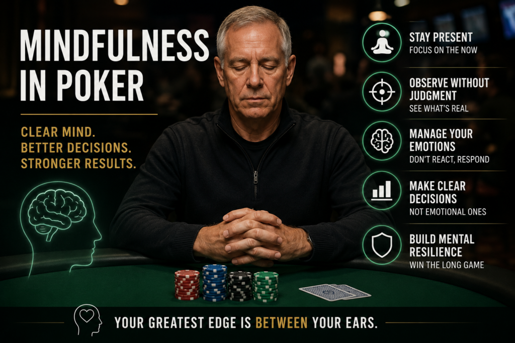 Decisions In Poker illustration showing a calm poker player practicing mindfulness before making a decision, emphasizing focus, emotional control, present-moment awareness, and disciplined thinking for consistent long-term success at the poker table.