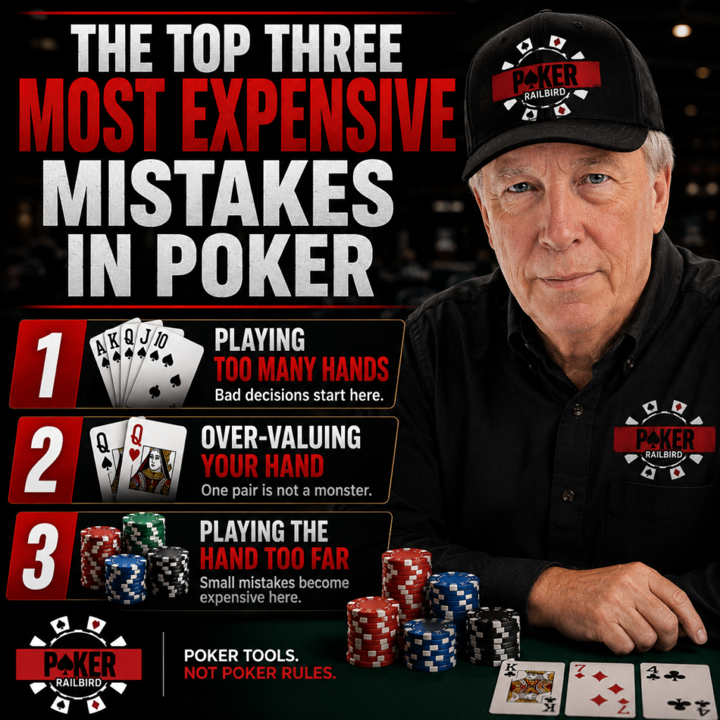 Discipline In Poker means that you must eliminate common poker mistakes. This image portrays and defines those mistakes.