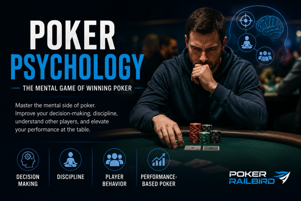Poker Psychology illustration showing a focused poker player demonstrating decision-making, discipline, player behavior, and performance-based poker.