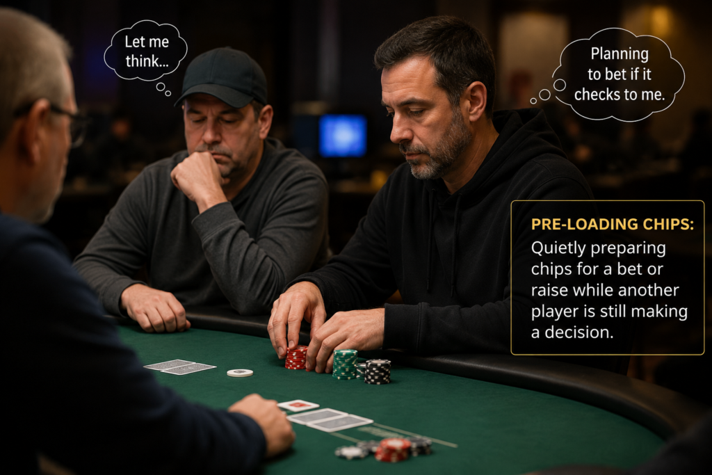Pre-Loading Chips in poker as a player quietly prepares chips for a bet while another player is still making a decision during a live cash game.