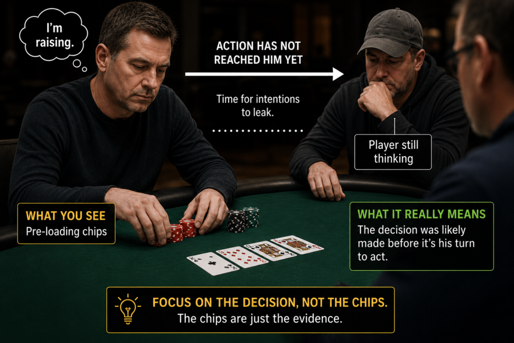 Pre-Loading Chips in poker as a player quietly prepares chips before the action reaches them, revealing a decision that may already have been made.
