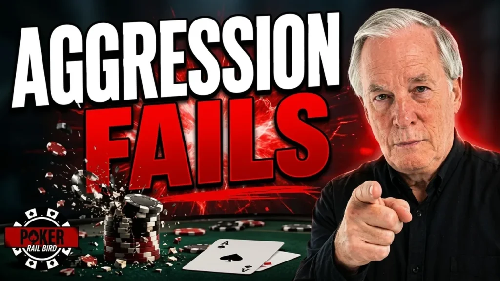 Aggressive Poker Strategy thumbnail illustrating why constant aggression fails in live cash games, featuring a poker player, chips, pocket aces, and the concept of using aggression strategically rather than automatically.