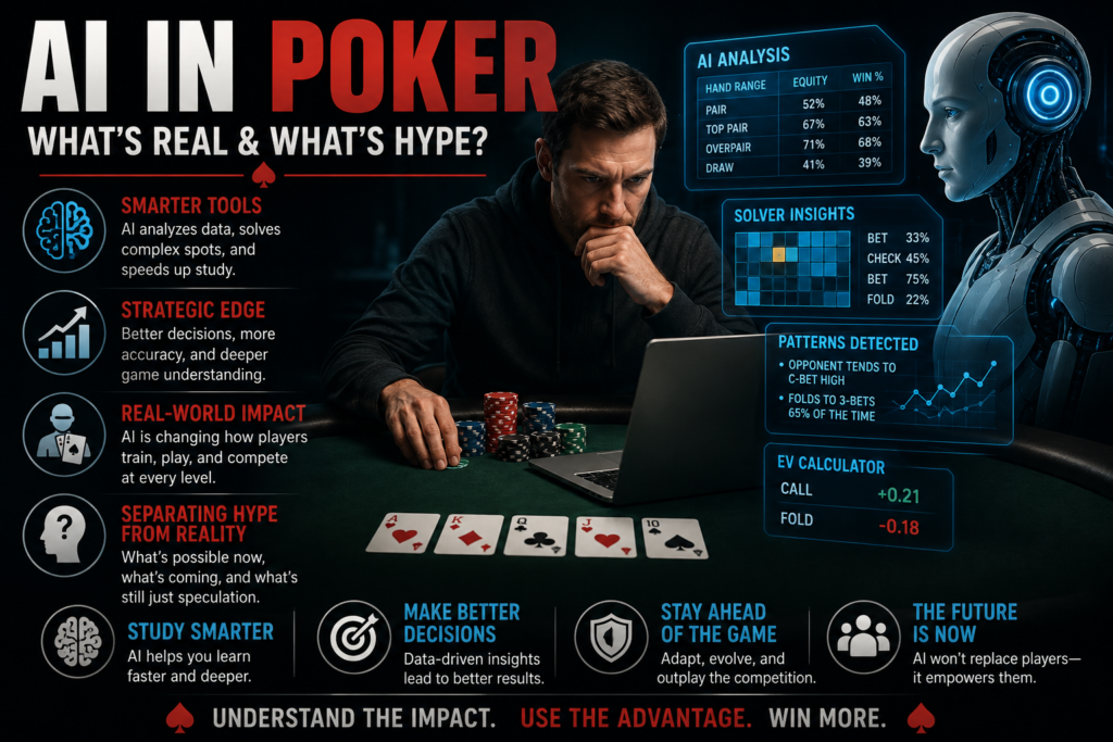 AI In Poker illustration showing a poker player using artificial intelligence, solver analysis, real-time data, and strategic decision-support tools to improve poker study, decision-making, and game preparation while separating AI reality from hype.