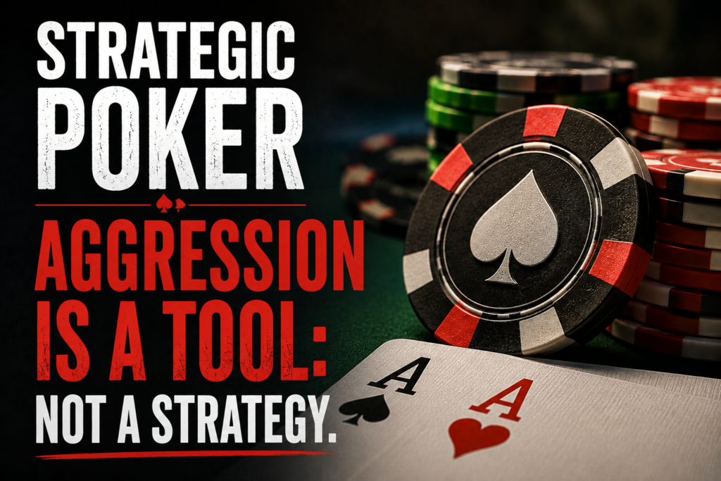 Aggressive Poker Strategy illustration featuring poker chips and pocket aces, emphasizing that aggression is a tool—not a strategy—in profitable live cash games.