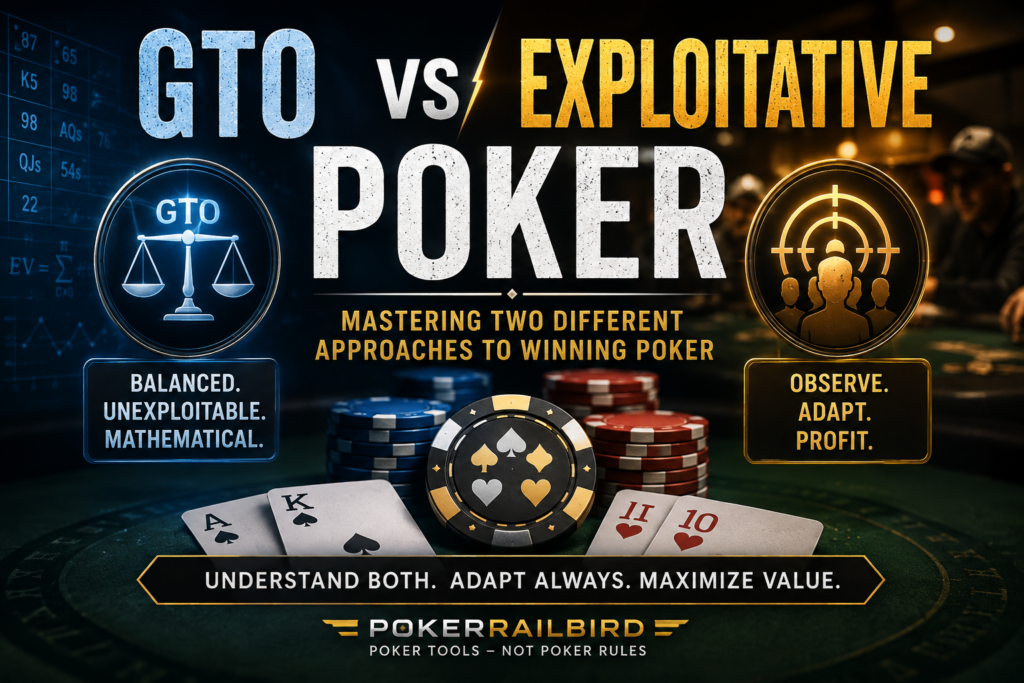GTO vs Exploitative Poker comparison illustrating balanced Game Theory Optimal strategy versus adaptive exploitative play in live cash games, highlighting the strategic differences between mathematical balance and opponent-based decision-making.