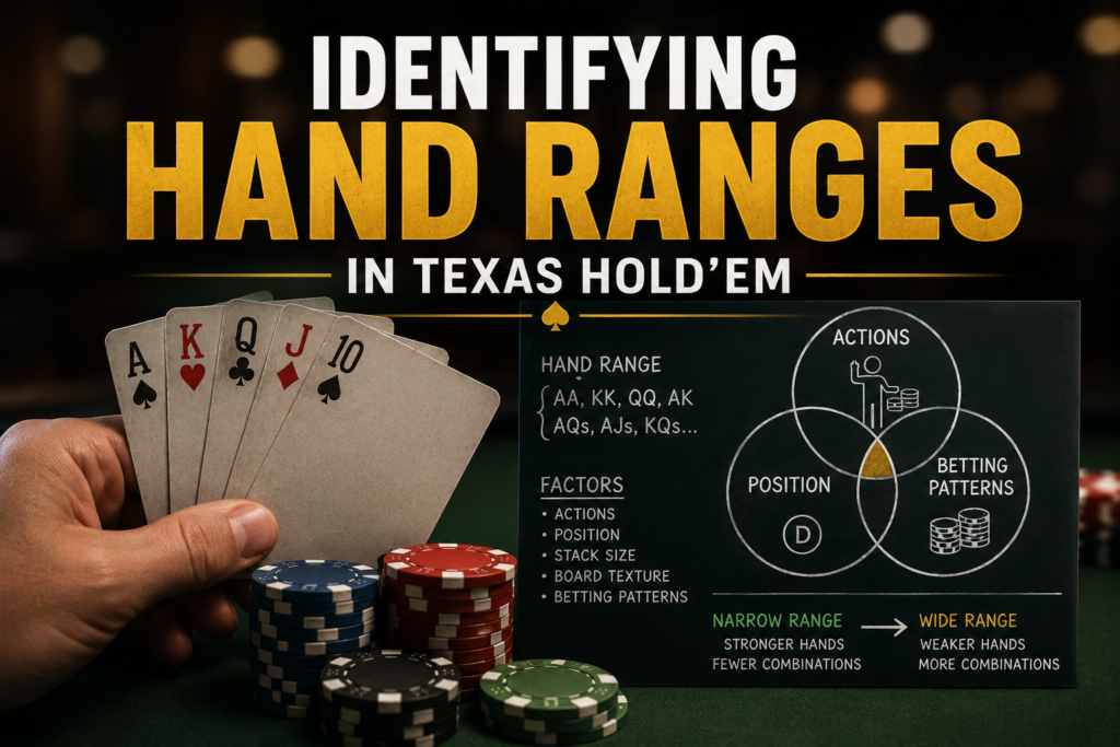 Identifying Hand Ranges In Texas Holdem illustration showing a player narrowing an opponent's possible holdings using betting patterns, position, board texture, and poker decision-making concepts to improve hand reading accuracy and strategic play.