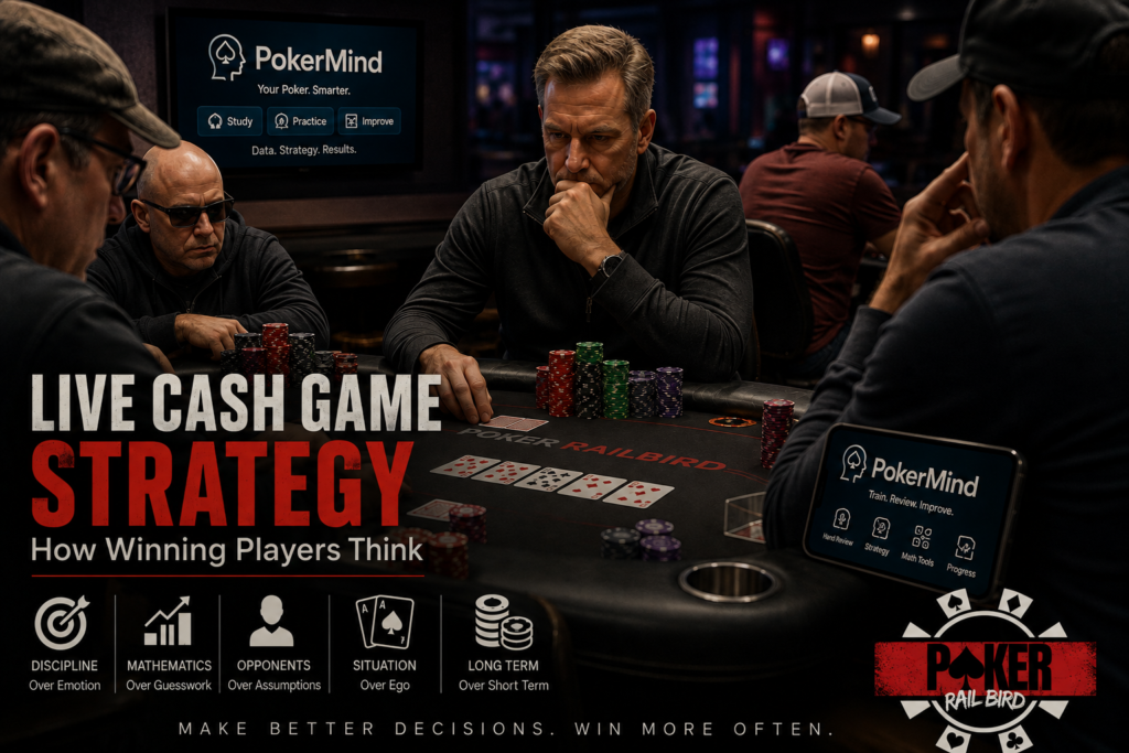 Live cash game strategy showing poker players analyzing a hand using mathematics, discipline, opponent tendencies, and situational decision-making, with PokerMind and PokerRailbird branding.