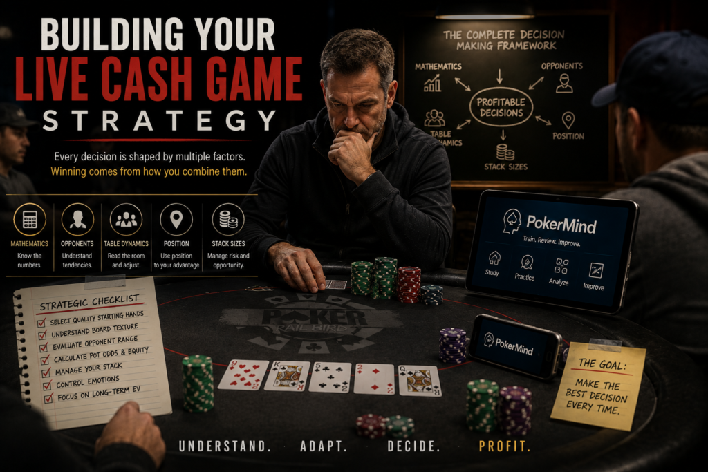 Live Cash Game Strategy showing a poker player using mathematics, opponent tendencies, table dynamics, position, and stack sizes to make better decisions at the poker table.