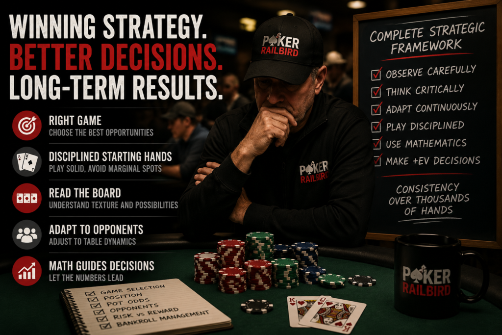 Live Cash Game Strategy showing a disciplined poker player using game selection, board reading, opponent observation, table dynamics, and poker math to make better long-term decisions.