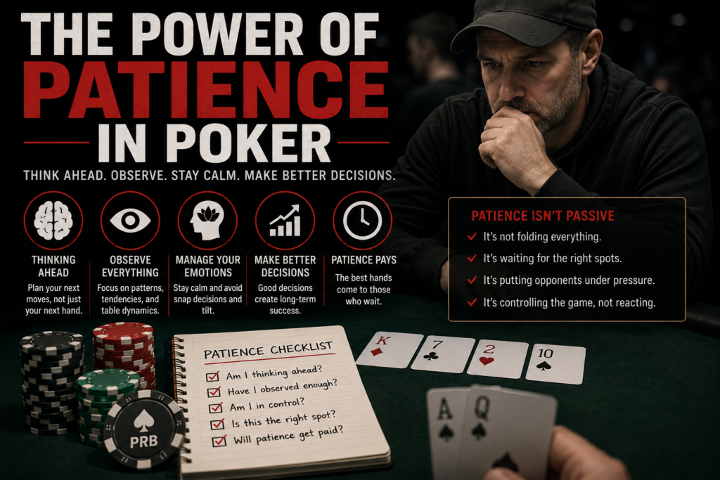 Patience In Poker illustration showing a disciplined poker player carefully observing the table, controlling emotions, evaluating hand ranges, and waiting for profitable opportunities to make better long-term decisions in Texas Hold'em.
