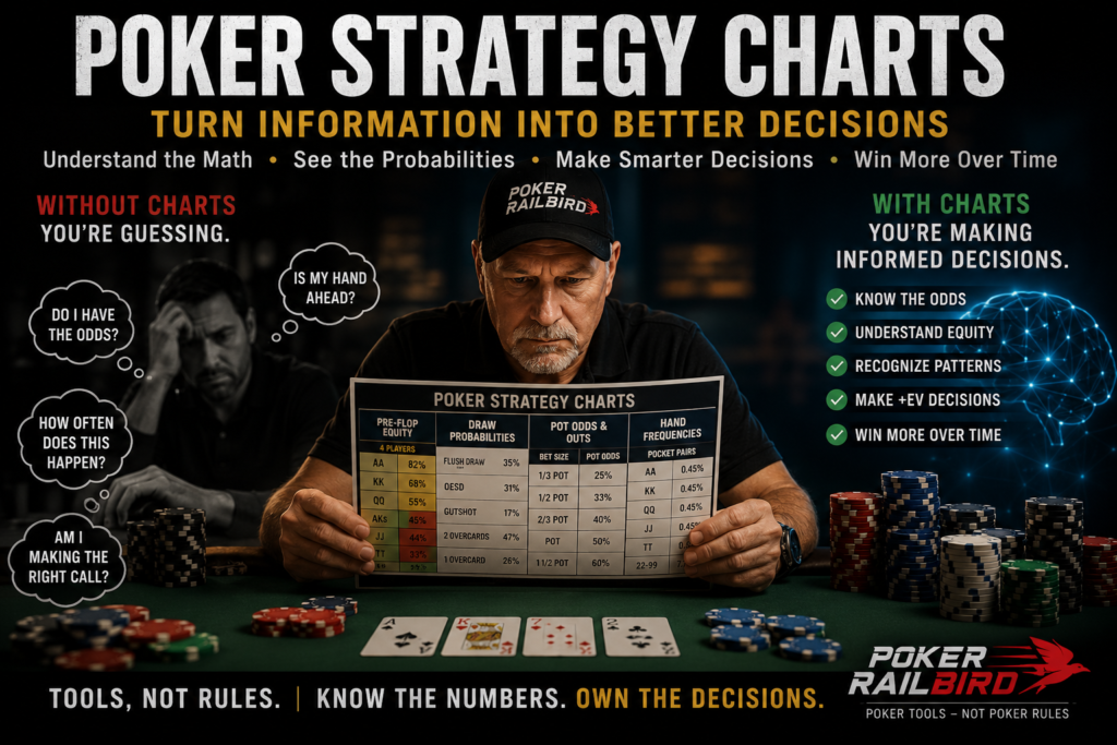 Poker Strategy Charts featuring pre-flop hand equity, poker outs and odds, starting hand frequencies, straight draw probabilities, overpair probabilities, and other poker math tools designed to help live cash game players make better strategic decisions.