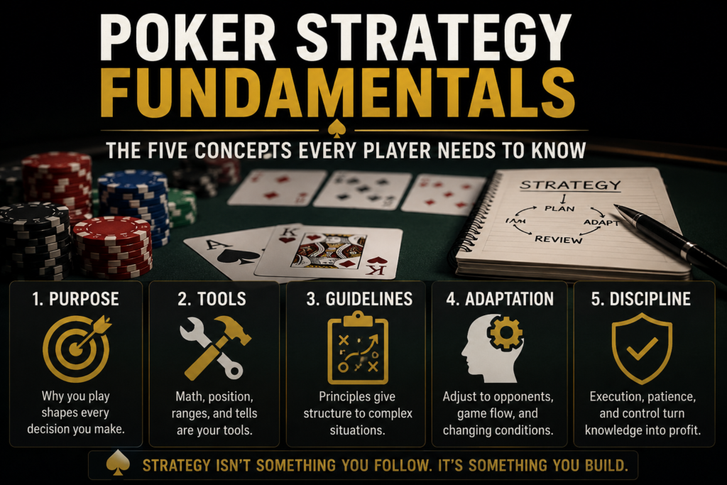 Poker Strategy Fundamentals infographic illustrating the five core concepts of winning poker strategy—purpose, tools, guidelines, adaptation, and discipline—showing how strategic thinking forms the foundation for consistent decision-making in Texas Hold'em.