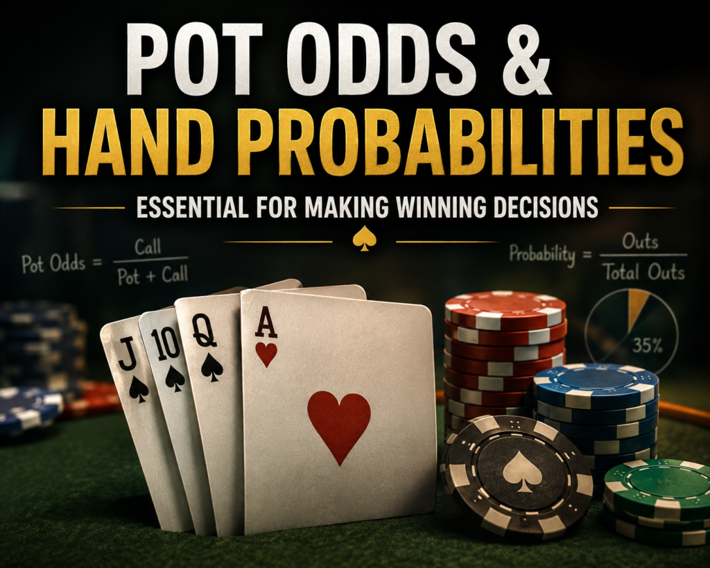 Pot & Hand Odds illustration showing poker cards, casino chips, probability formulas, and pot odds calculations to help players make mathematically sound poker decisions in Texas Hold'em.
