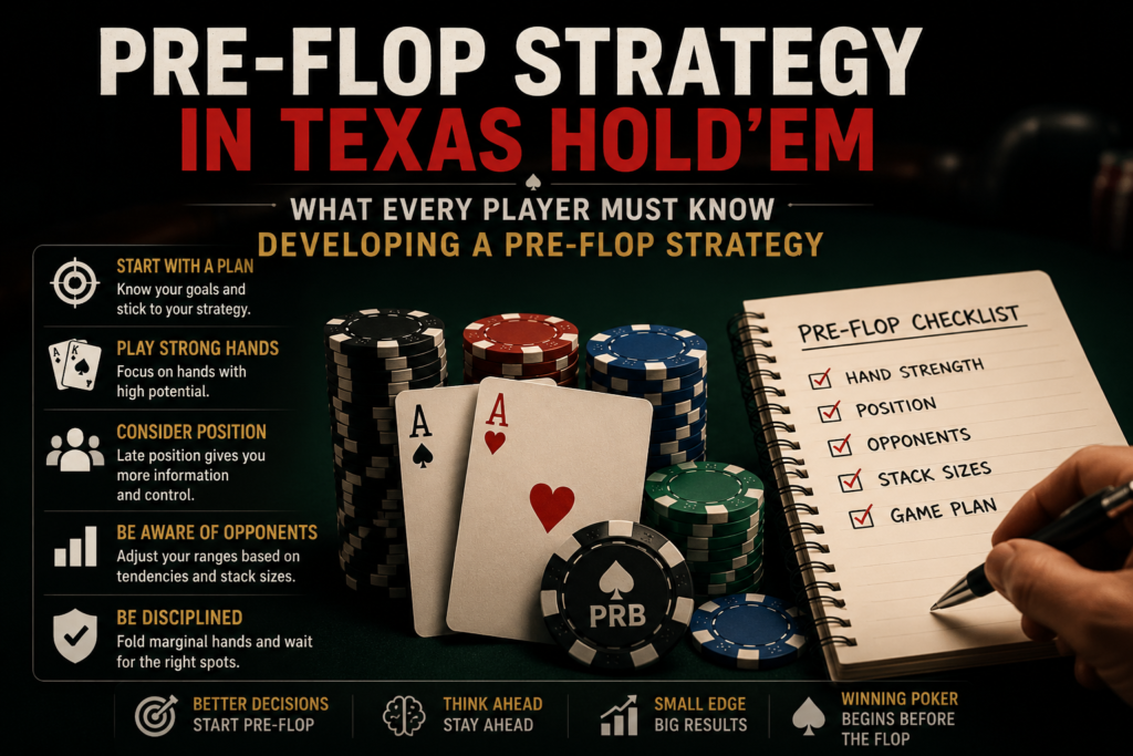 Pre-Flop Strategy illustration showing a poker player evaluating starting hand strength, table position, opponent tendencies, and stack sizes before the flop, emphasizing disciplined decision-making and long-term winning strategy in Texas Hold'em.