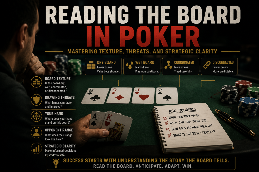 Reading The Board illustration showing a Texas Hold'em player analyzing board texture, community cards, drawing threats, opponent hand ranges, and strategic decision-making to accurately interpret the board and make profitable poker decisions.