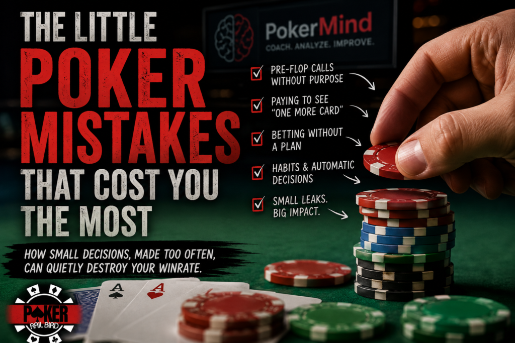 Costly Poker Mistakes showing small repeated poker decisions, including unnecessary pre-flop calls, chasing another card, purposeless bets, and automatic habits that create long-term leaks.
