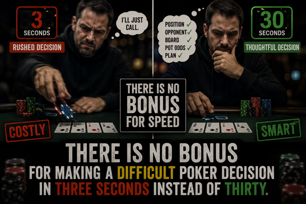 Costly Poker Mistakes showing the difference between a rushed three-second poker decision and taking thirty seconds to evaluate the board, opponent, position, and pot odds.