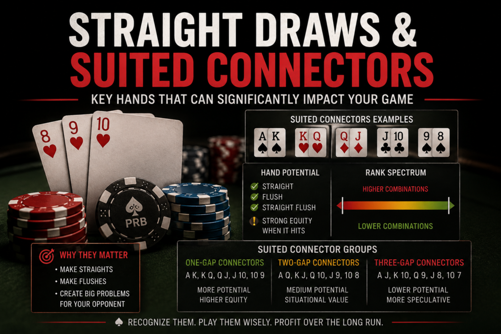Straight Draws & Suited Connectors infographic illustrating connector hands, one-gap, two-gap, and three-gap connectors, straight draw potential, hand equity, and the strategic value of suited connectors in Texas Hold'em.
