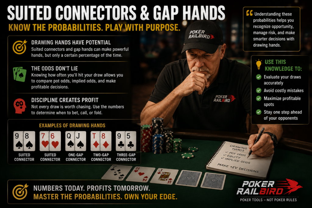 Suited Connector Probability Chart illustrating the drawing potential and mathematical probabilities of suited connectors and gap hands in Texas Hold'em, helping poker players make better decisions using pot odds, implied odds, and hand probability analysis.