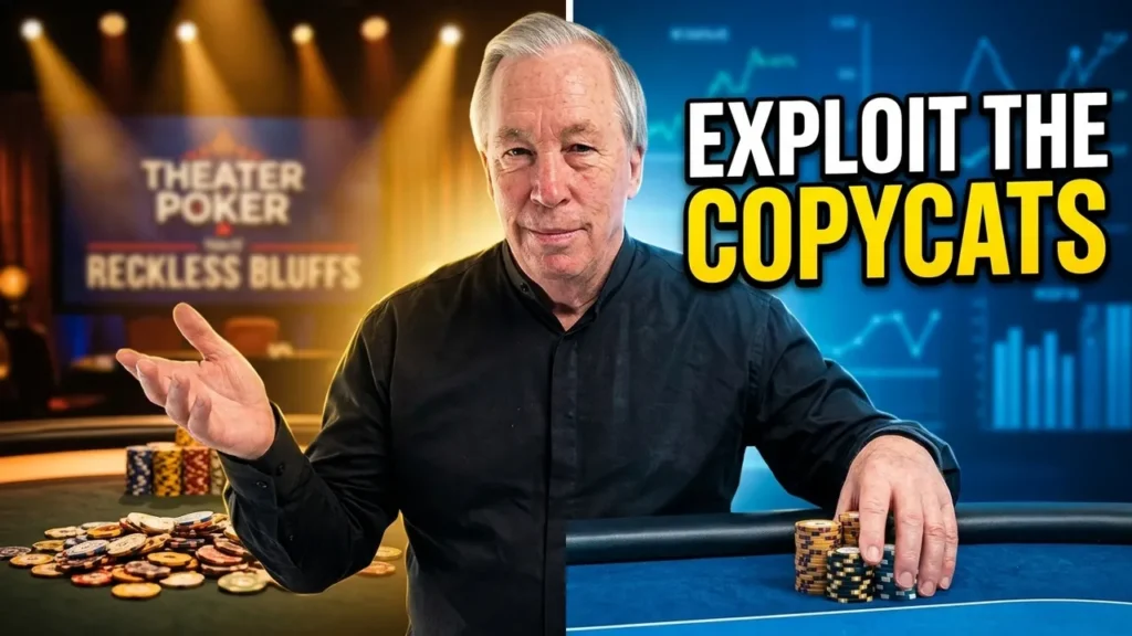 Poker Player Behavior illustrated through theater poker, copycat play, and reckless bluffs that influence perception, decision making, and live poker strategy.