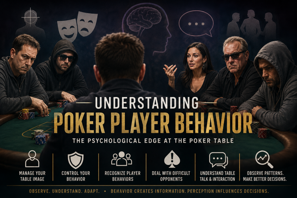 Poker Player Behavior illustrated by live poker players displaying different personalities, emotions, table talk, and behavioral patterns that influence perception, table image, and decision making in live cash games.