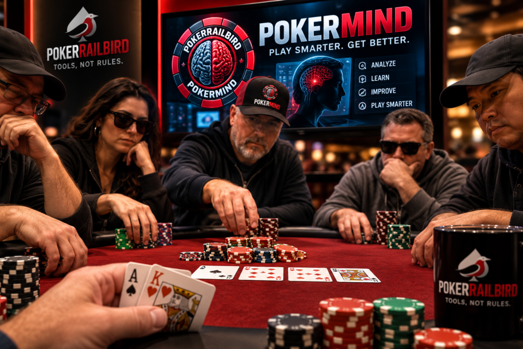 Multiway postflop decisions at a live poker table showing multiple players evaluating their hands, ranges, and postflop action.